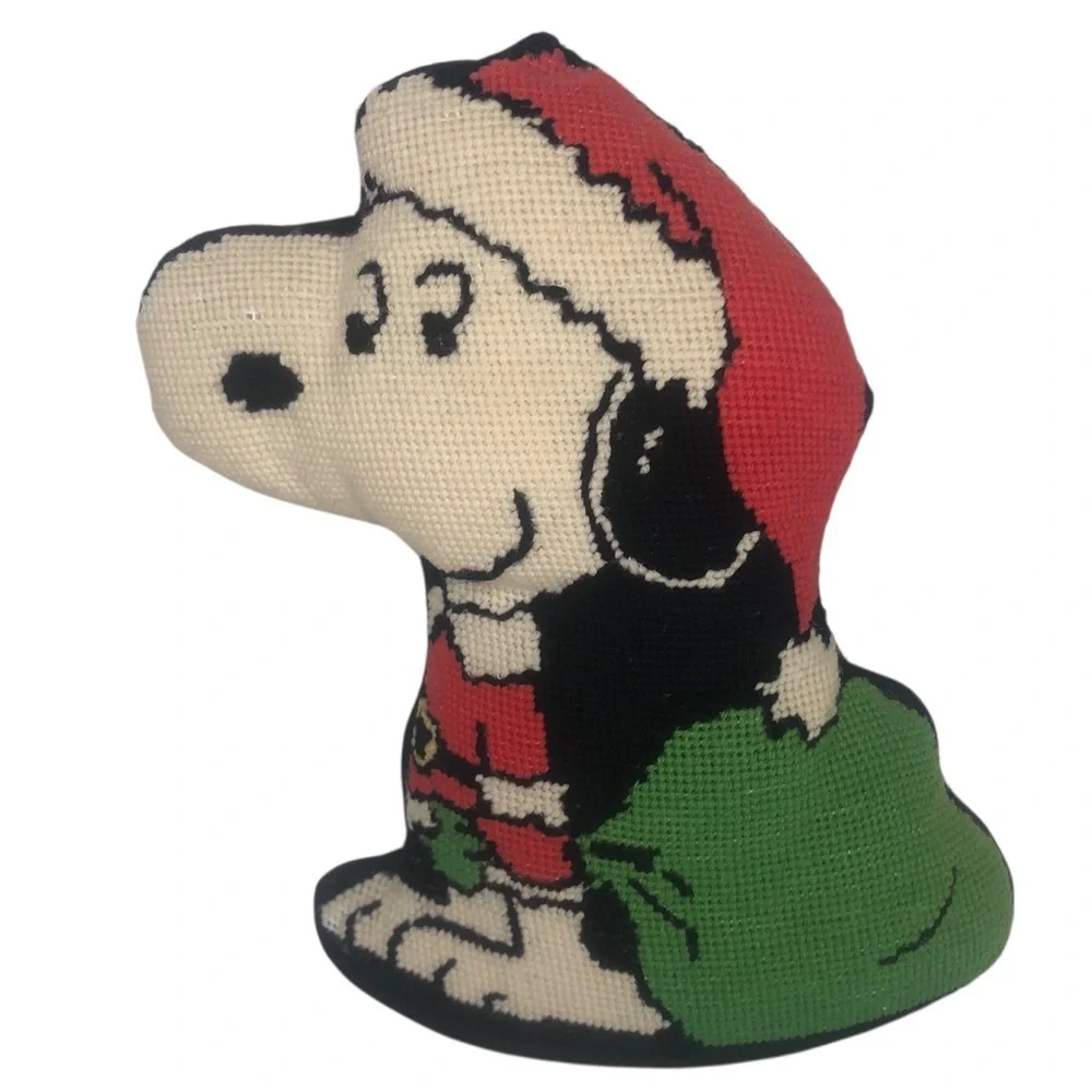 VINTAGE 80s Snoopy Santa Needlepoint Christmas Decorative Pillow Peanuts Holiday